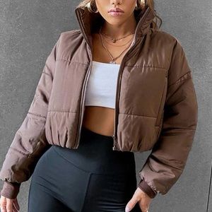 Shein Brown Puffy Crop Top Jacket - Large